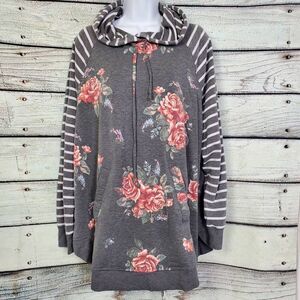 Maurices Women’s Size 2 Gray Floral Stripe Cowl Neck Hoodie Kangaroo Pocket